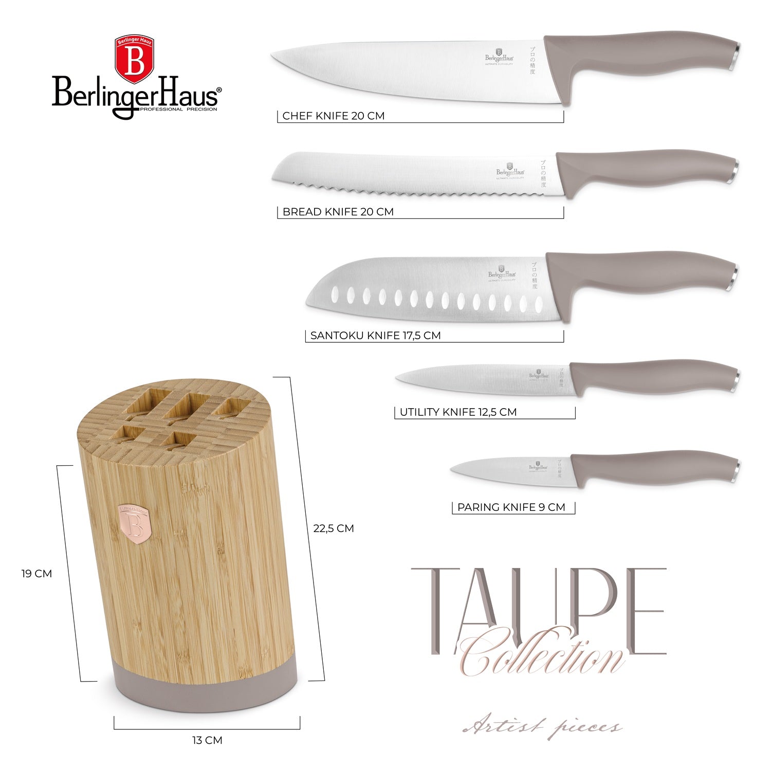 Berlinger Haus 6-Piece Stainless Steel Knife Set with Bamboo Stand – Taupe