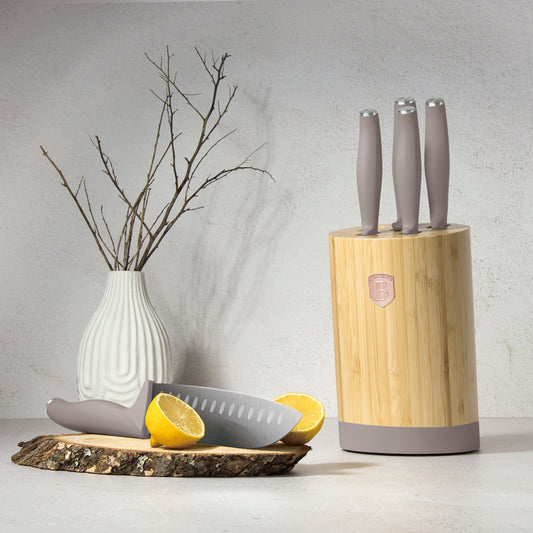 Berlinger Haus 6-Piece Stainless Steel Knife Set with Bamboo Stand – Taupe