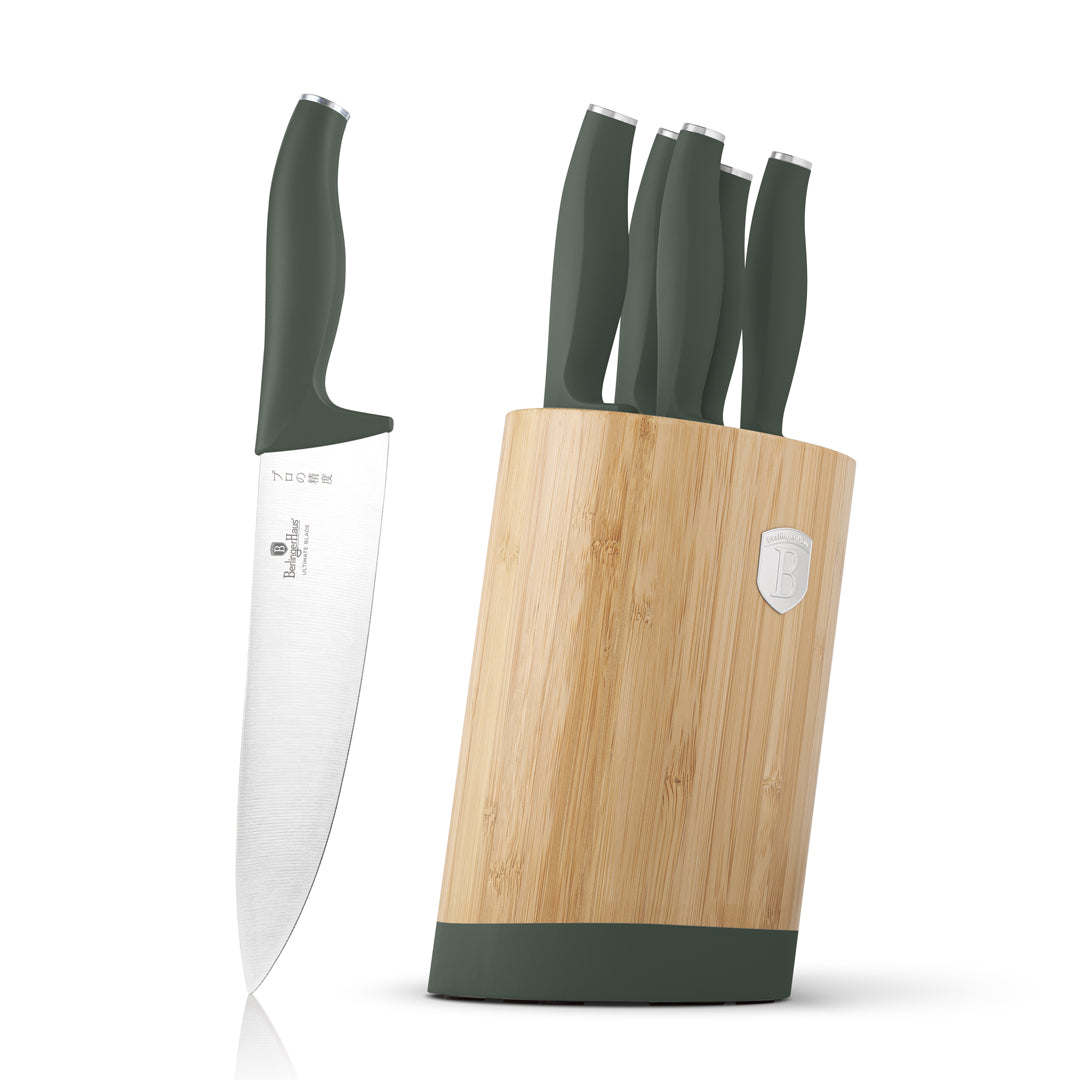 Berlinger Haus 6-Piece Stainless Steel Knife Set with Bamboo Stand – Matt Green