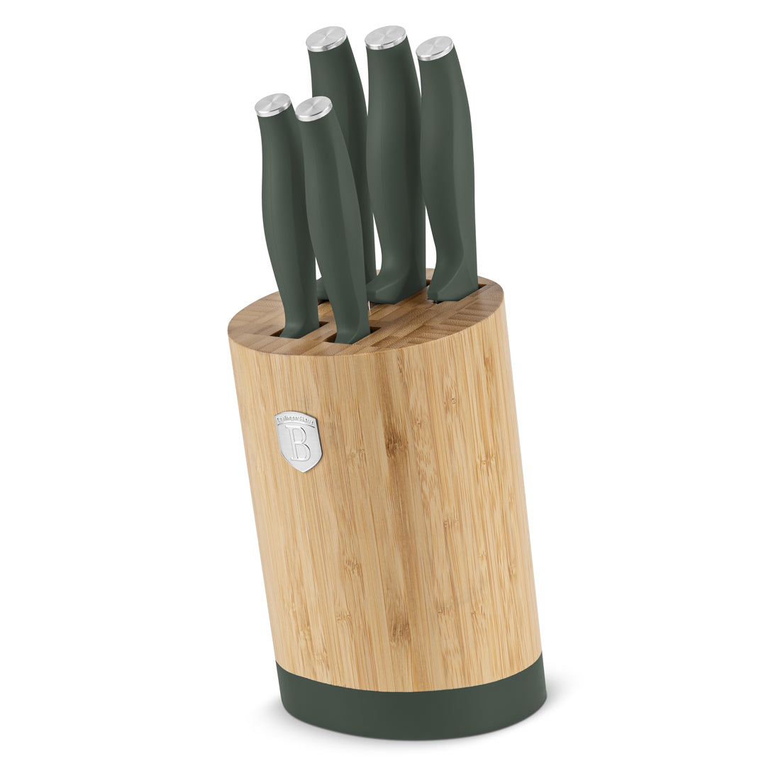 Berlinger Haus 6-Piece Stainless Steel Knife Set with Bamboo Stand – Matt Green