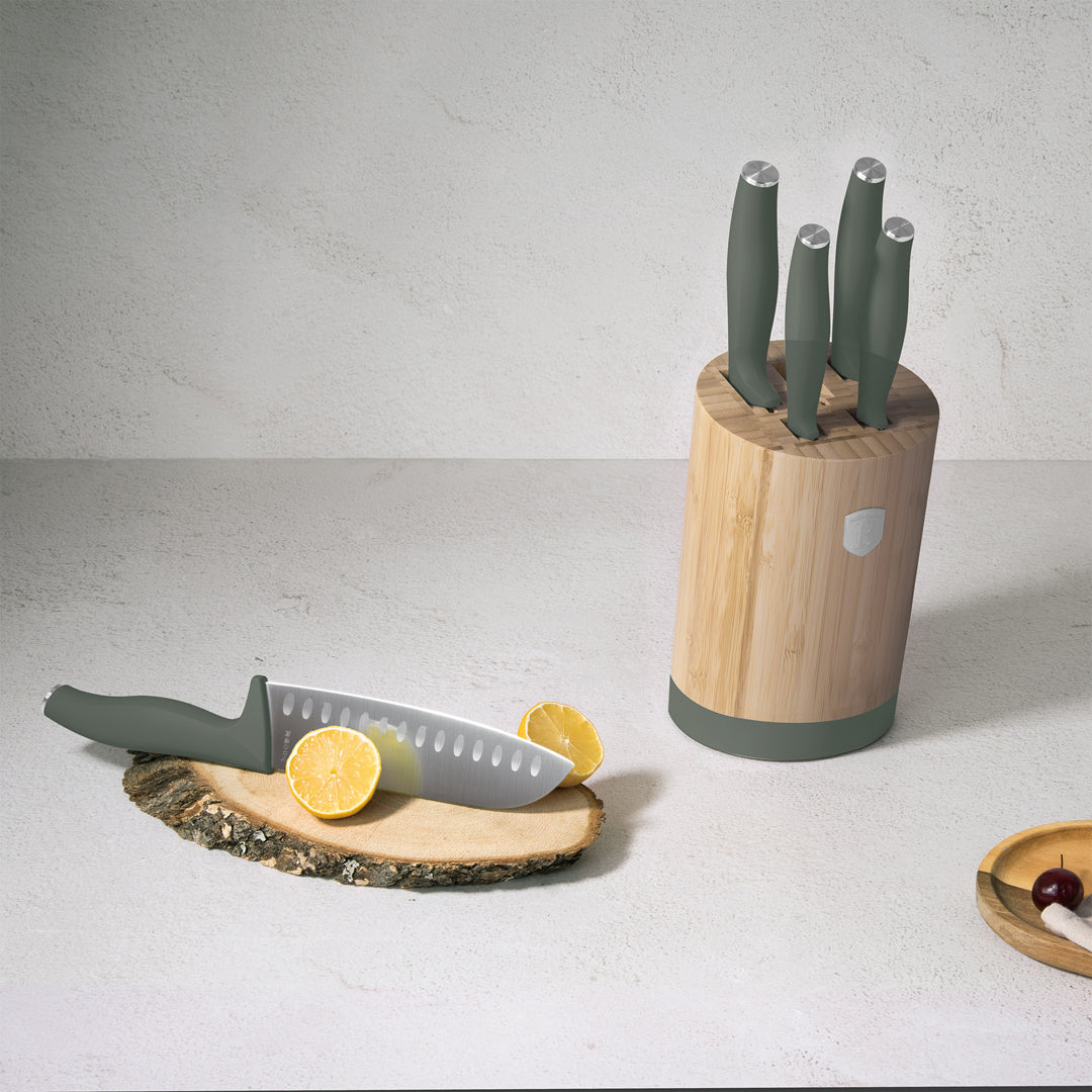 Berlinger Haus 6-Piece Stainless Steel Knife Set with Bamboo Stand – Matt Green