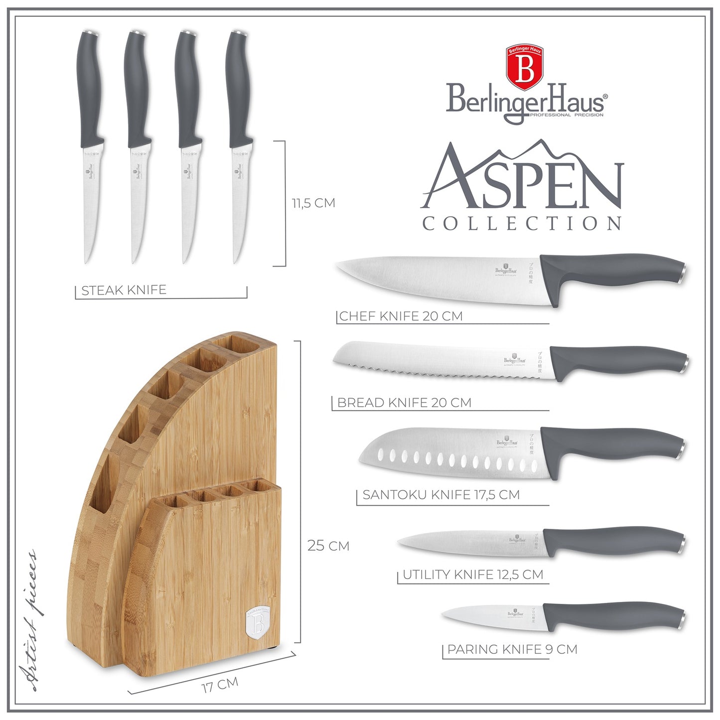 Berlinger Haus 10-Piece Stainless Steel Knife Set with Bamboo Stand – Aspen