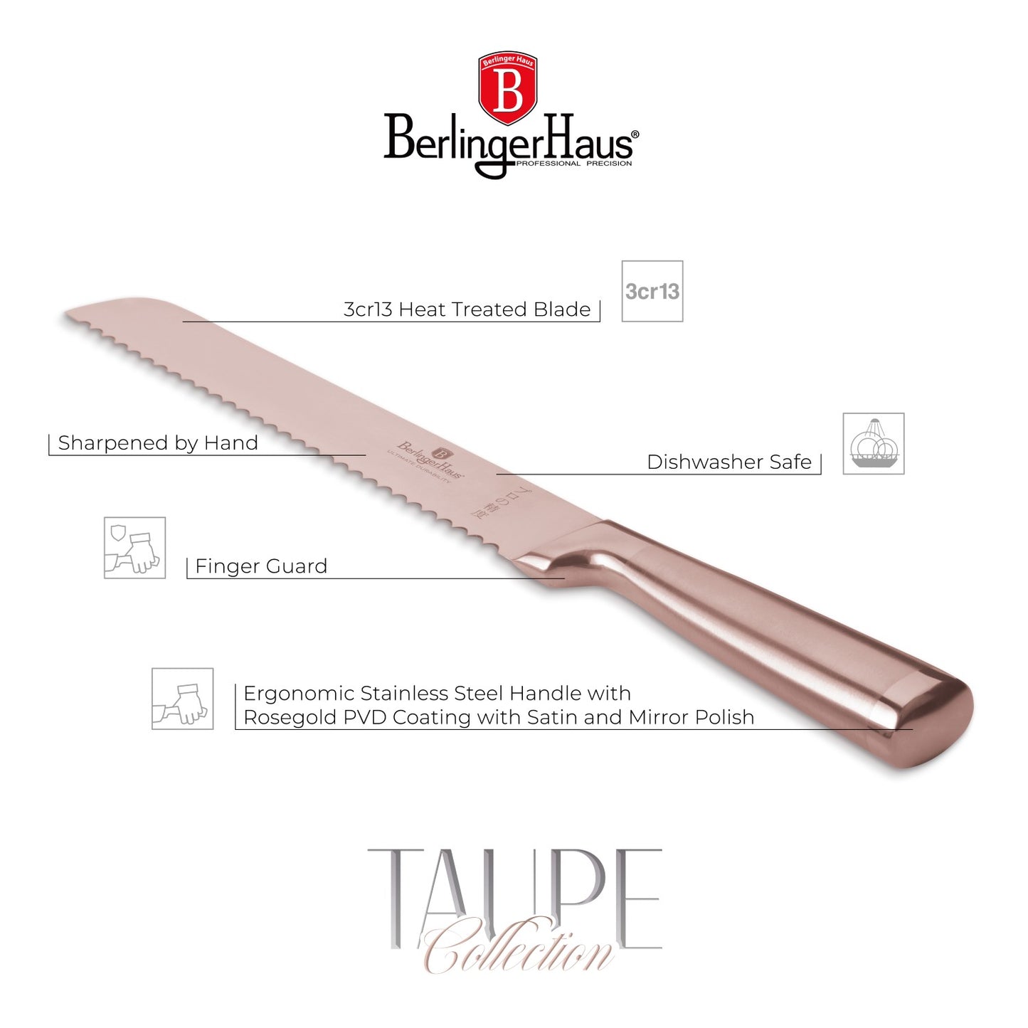 Berlinger Haus 20cm Stainless Steel Bread Knife - Taupe