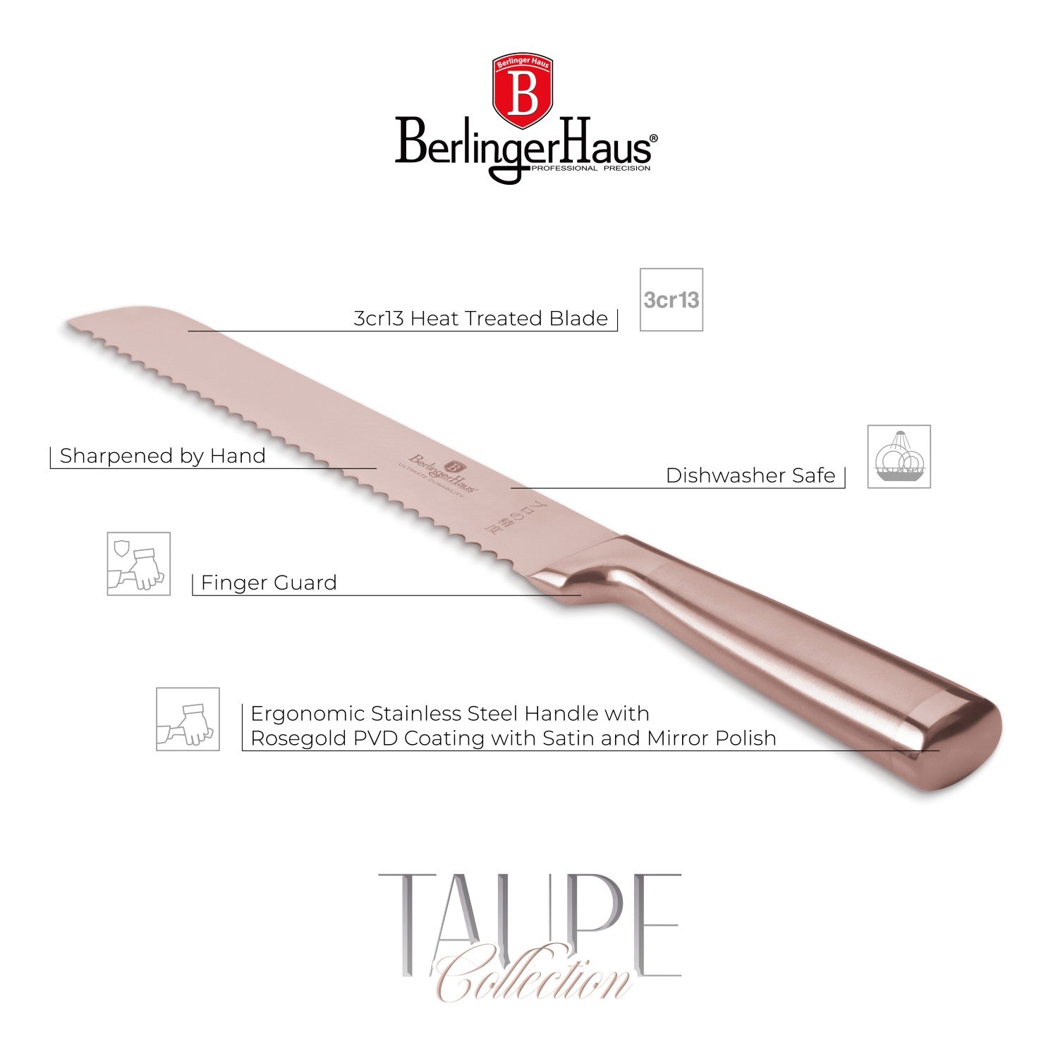 Berlinger Haus 20cm Stainless Steel Bread Knife - Taupe