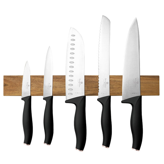 Berlinger Haus 6-Piece Stainless Steel Knife Set with Magnetic Hanger – Black Rose
