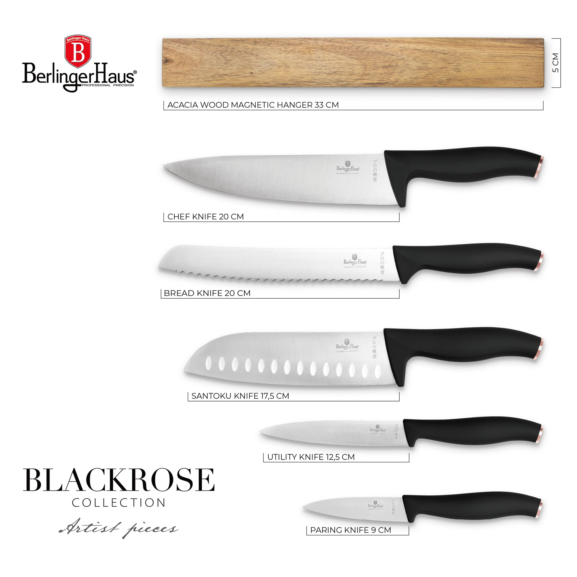 Berlinger Haus 6-Piece Stainless Steel Knife Set with Magnetic Hanger – Black Rose