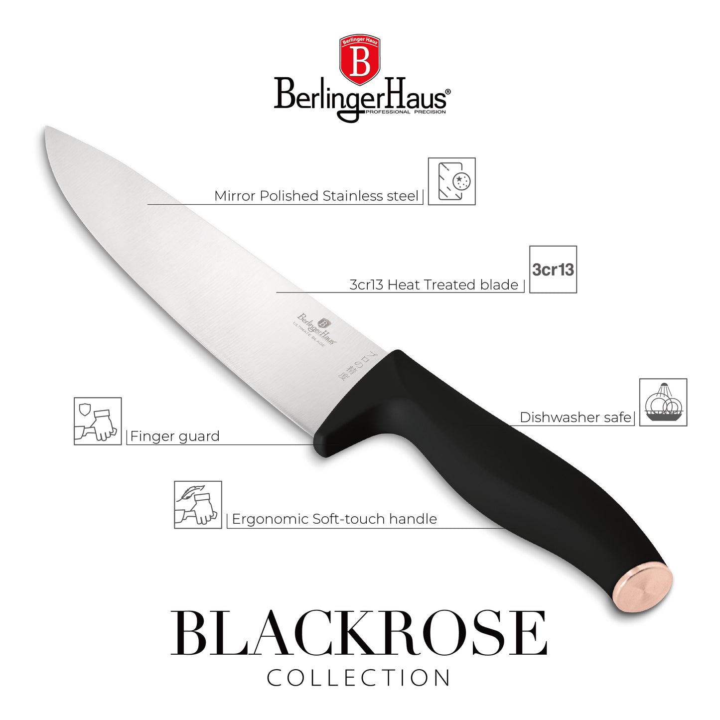 Berlinger Haus 6-Piece Stainless Steel Knife Set with Magnetic Hanger – Black Rose