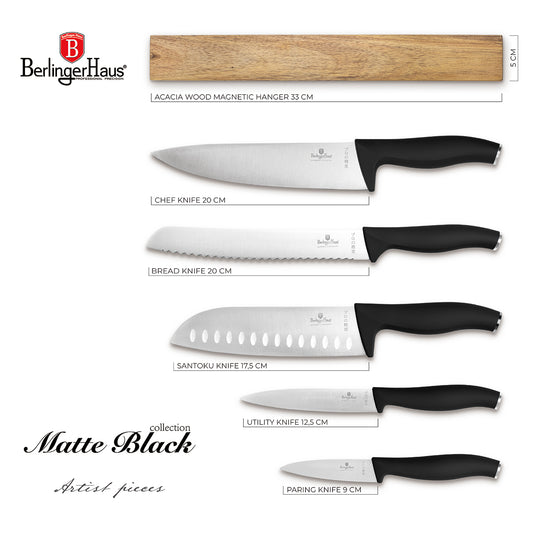 Berlinger Haus 6-Piece Knife Set with Acacia Wood Magnetic Hanger – Matt Black