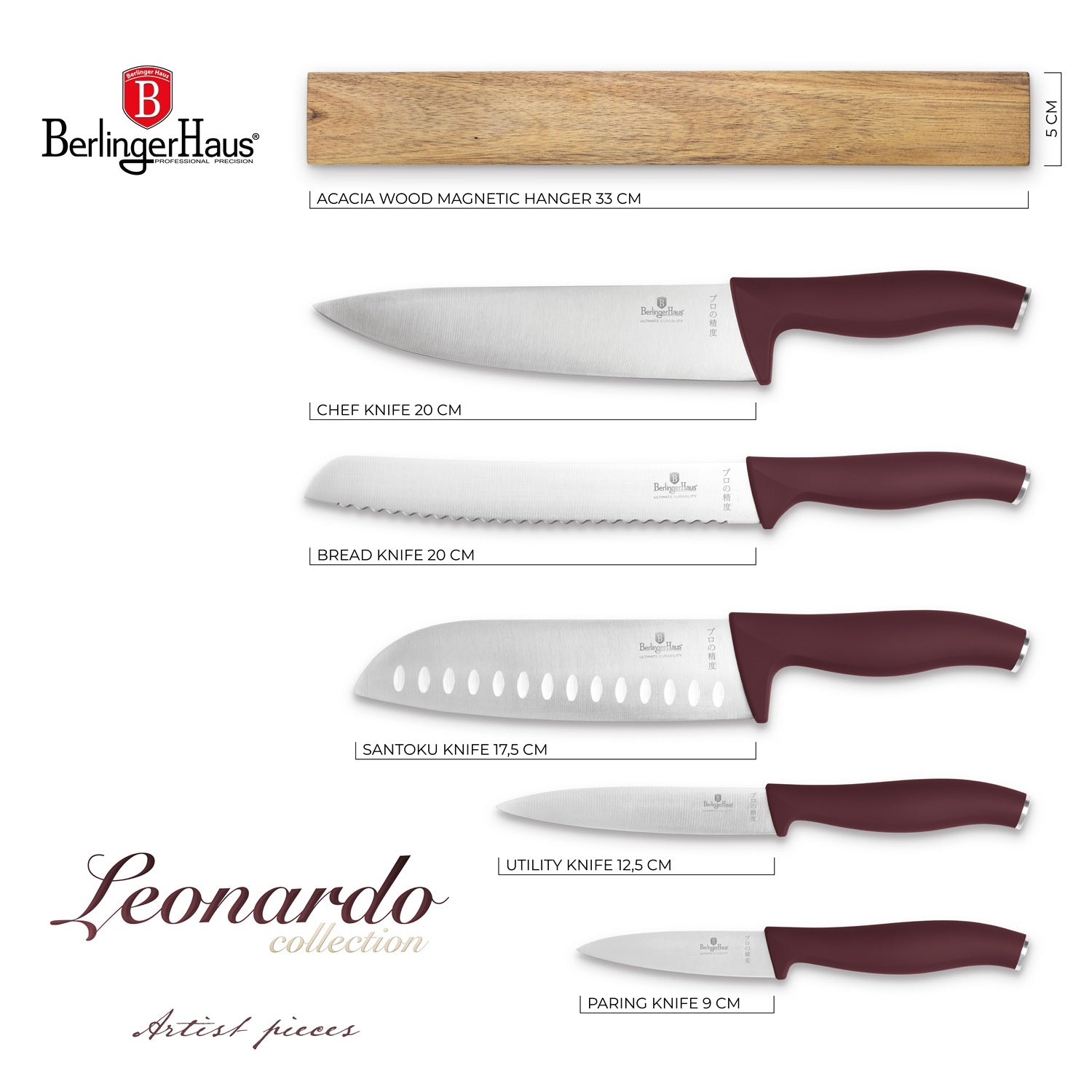 Berlinger Haus 6-Piece Stainless Steel Knife Set with Wood Magnetic Hanger – Leonardo
