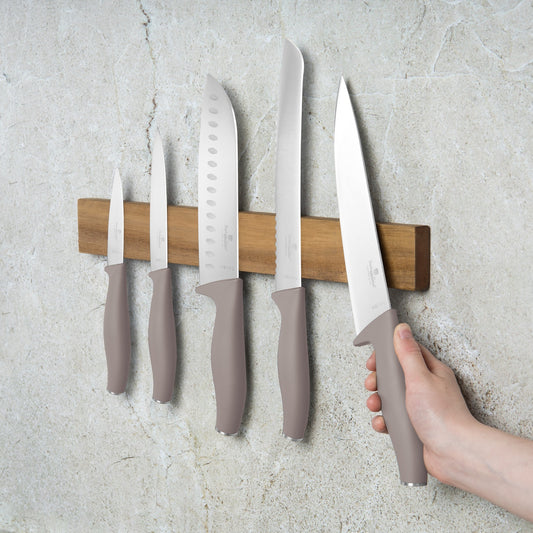 Berlinger Haus 6-Piece Knife Set with Acacia Wood Magnetic Hanger – Taupe