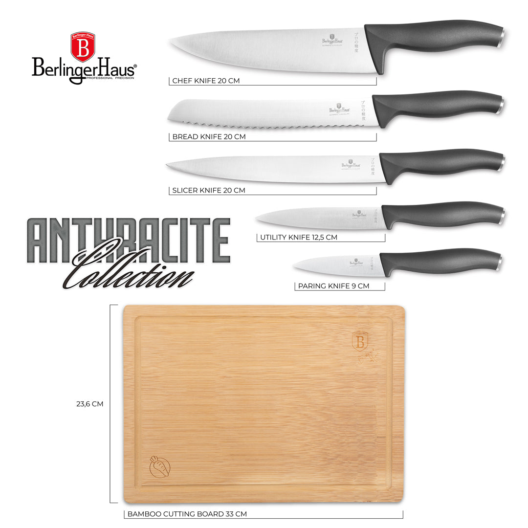 Berlinger Haus 6-Piece Knife Set with Bamboo Cutting Board – Anthracit