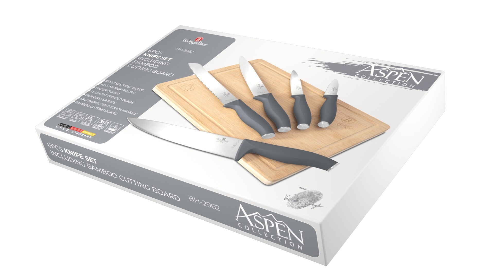 Berlinger Haus 6-Piece Stainless Steel Knife Set with Bamboo Cutting Board – Aspen