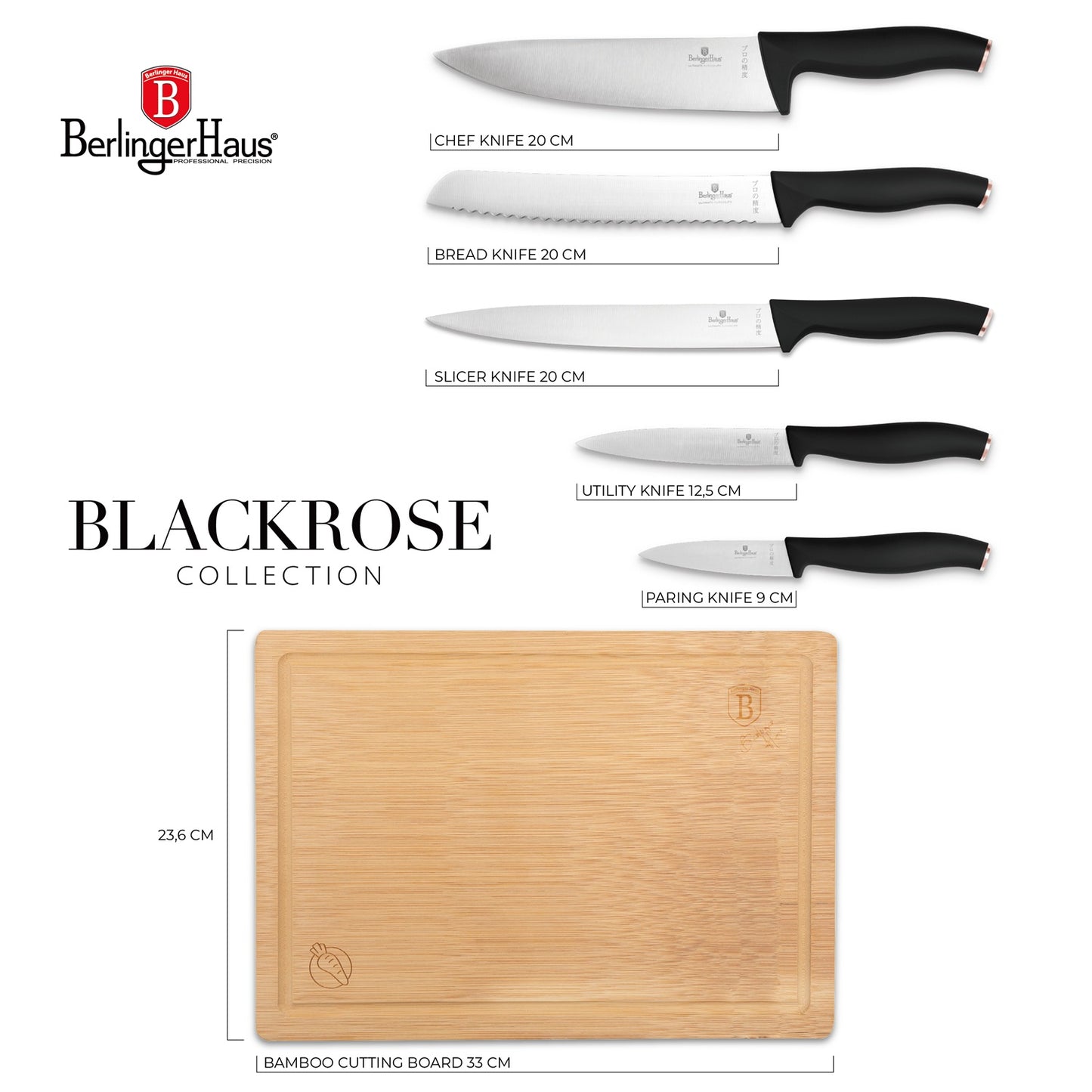 Berlinger Haus 6-Piece Knife Set with Bamboo Cutting Board – Black Rose