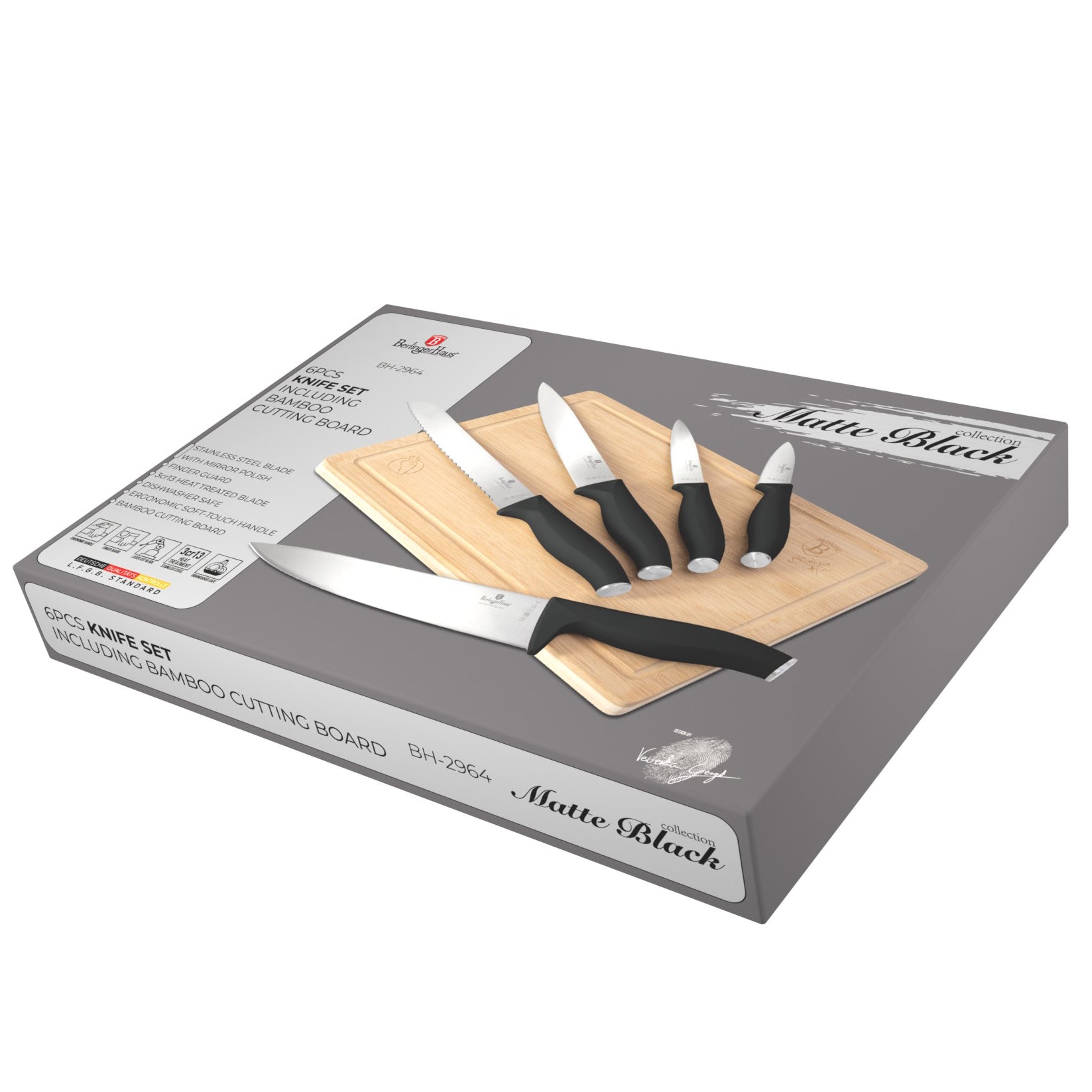 Berlinger Haus 6-Piece Knife Set With Bamboo Cutting Board - Matt Black