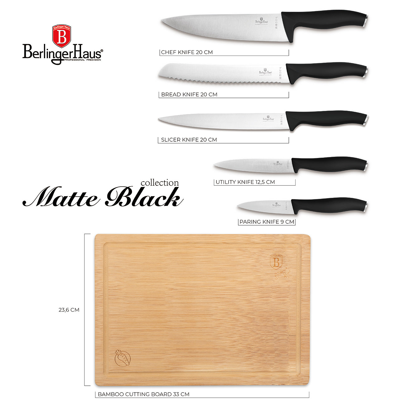 Berlinger Haus 6-Piece Knife Set With Bamboo Cutting Board - Matt Black