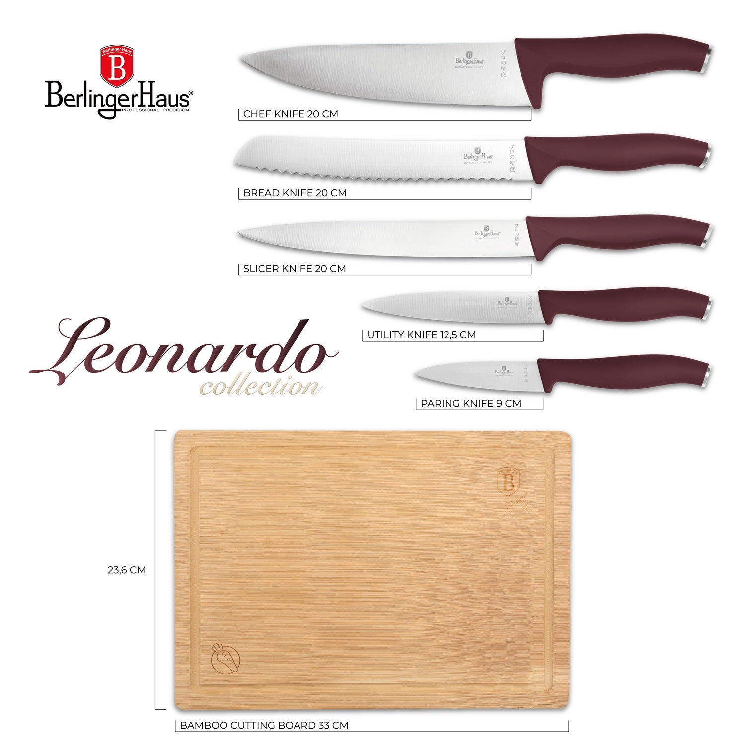 Berlinger Haus 6-Piece Stainless Steel Knife Set with Bamboo Cutting Board – Leonardo