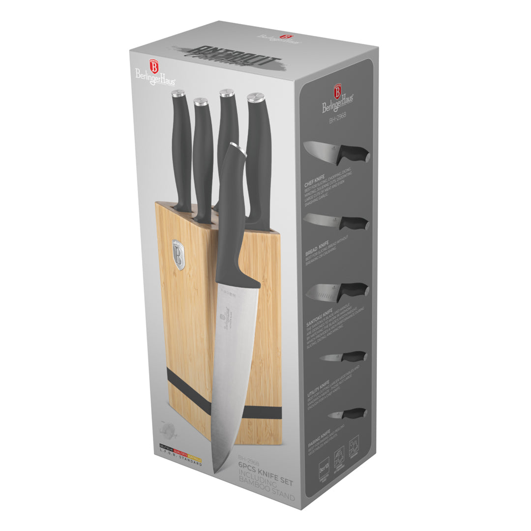 Berlinger Haus 6-Piece Stainless Steel Knife Set with Bamboo Stand – Anthracite