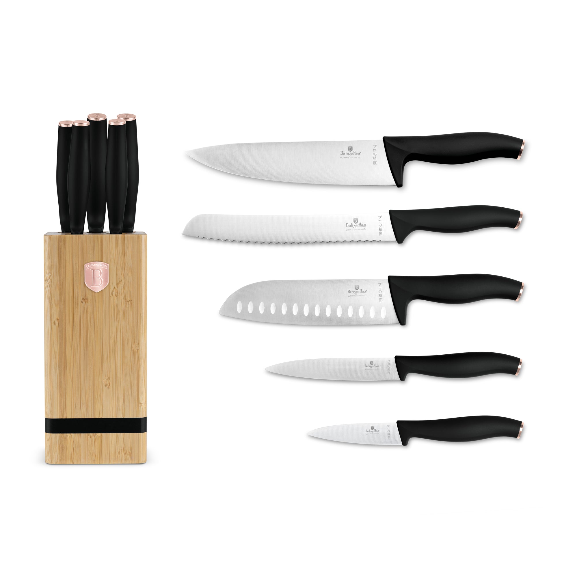 Berlinger Haus 6-Piece Stainless Steel Knife Set with Bamboo Stand – Black Rose