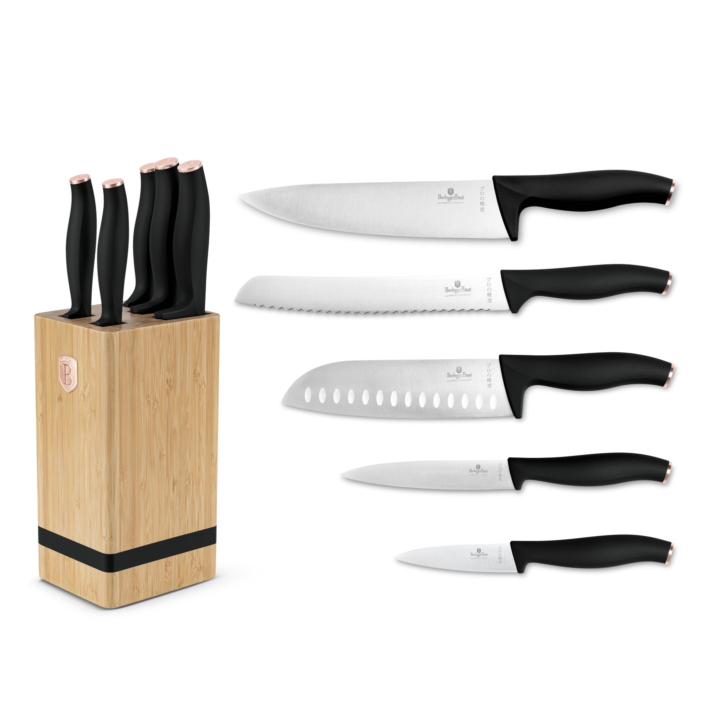 Berlinger Haus 6-Piece Stainless Steel Knife Set with Bamboo Stand – Black Rose