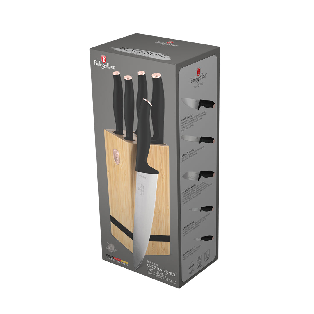 Berlinger Haus 6-Piece Stainless Steel Knife Set with Bamboo Stand – Black Rose
