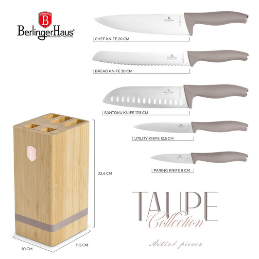 Berlinger Haus 6-Piece Knife Set with Bamboo Stand – Taupe