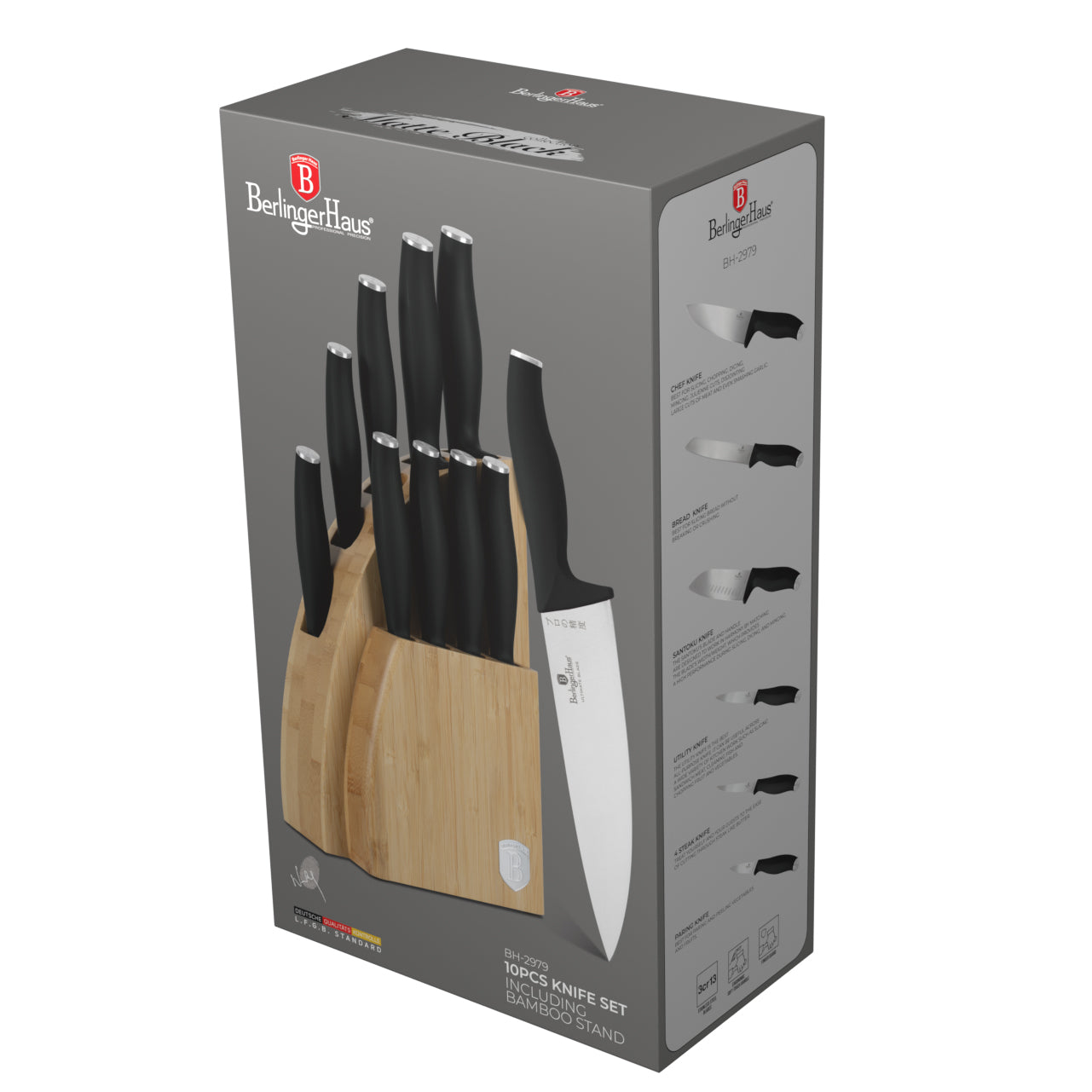 Berlinger Haus 10-Piece Stainless Steel Knife Set with Bamboo Stand – Matt Black
