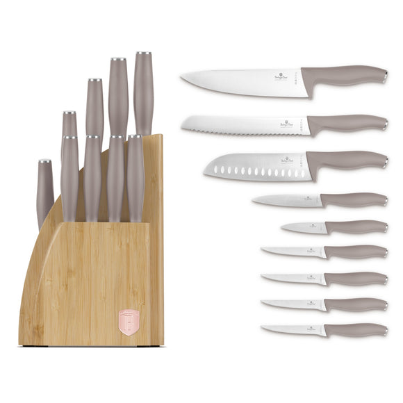 Berlinger Haus 10-Piece Stainless Steel Knife Set with Bamboo Stand – Taupe