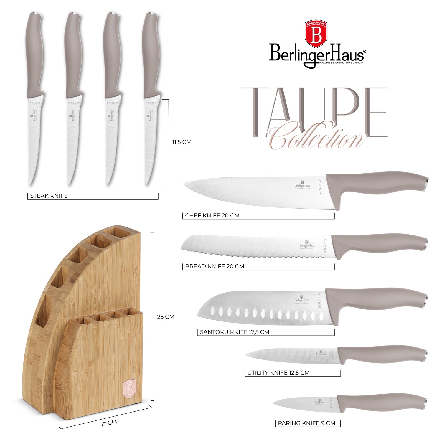 Berlinger Haus 10-Piece Stainless Steel Knife Set with Bamboo Stand – Taupe