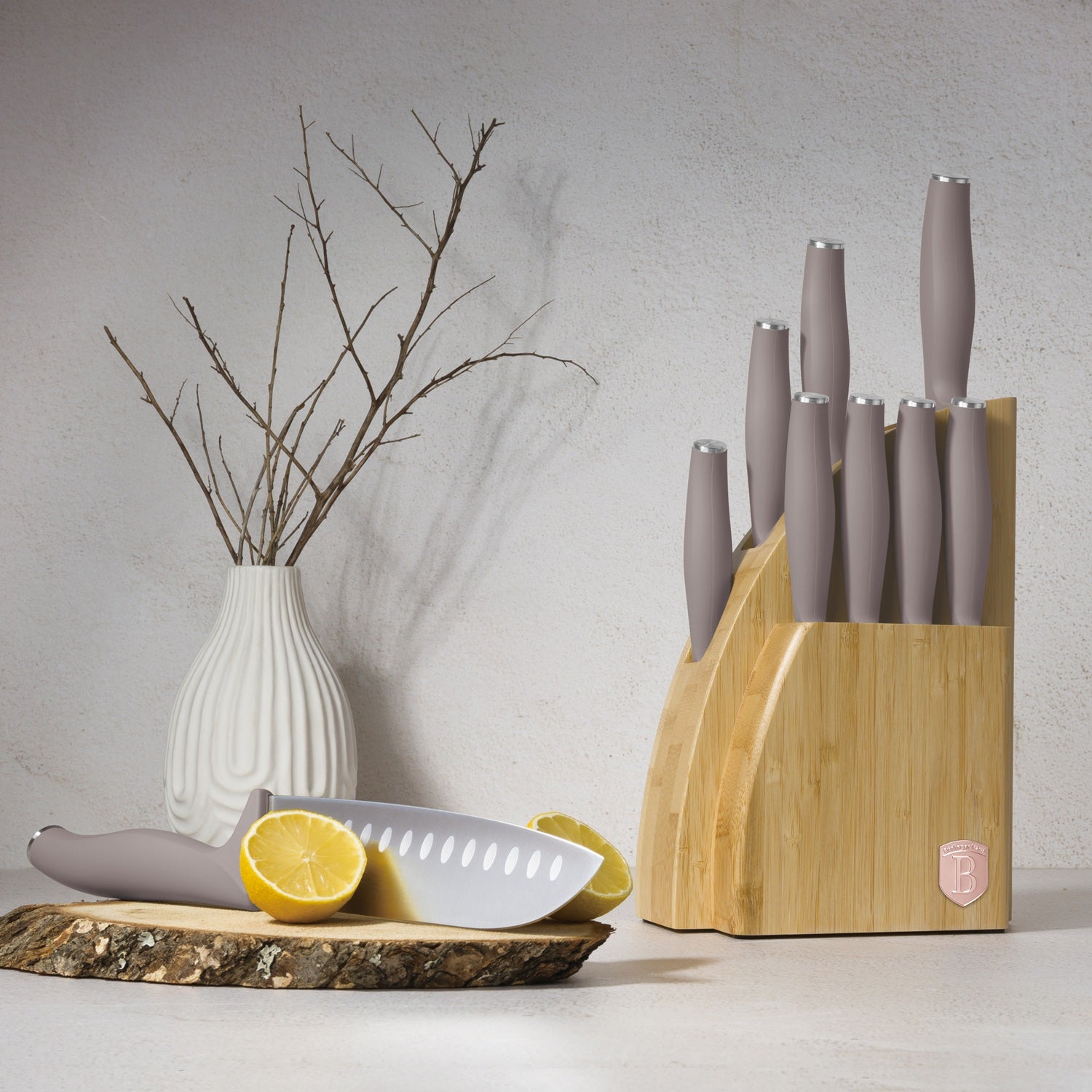 Berlinger Haus 10-Piece Stainless Steel Knife Set with Bamboo Stand – Taupe
