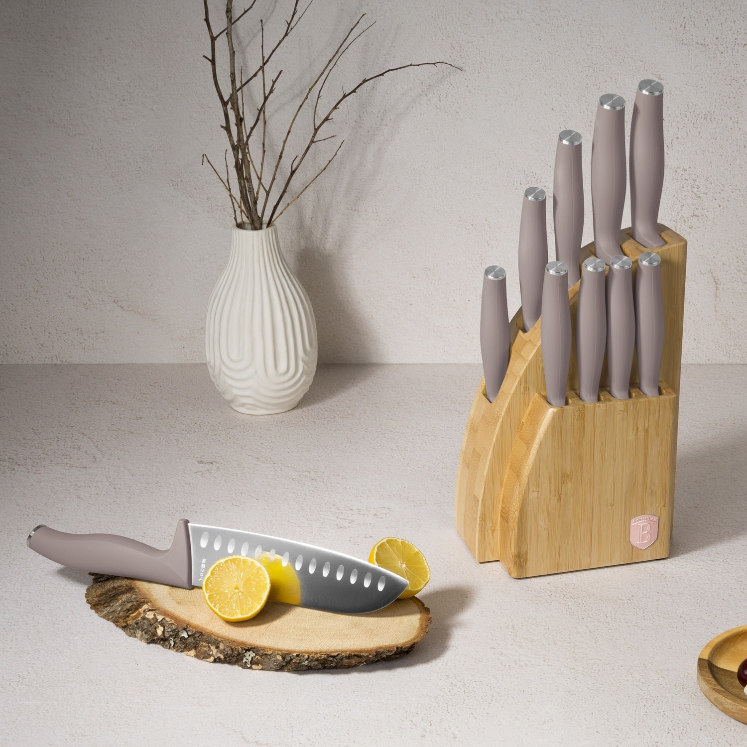 Berlinger Haus 10-Piece Stainless Steel Knife Set with Bamboo Stand – Taupe
