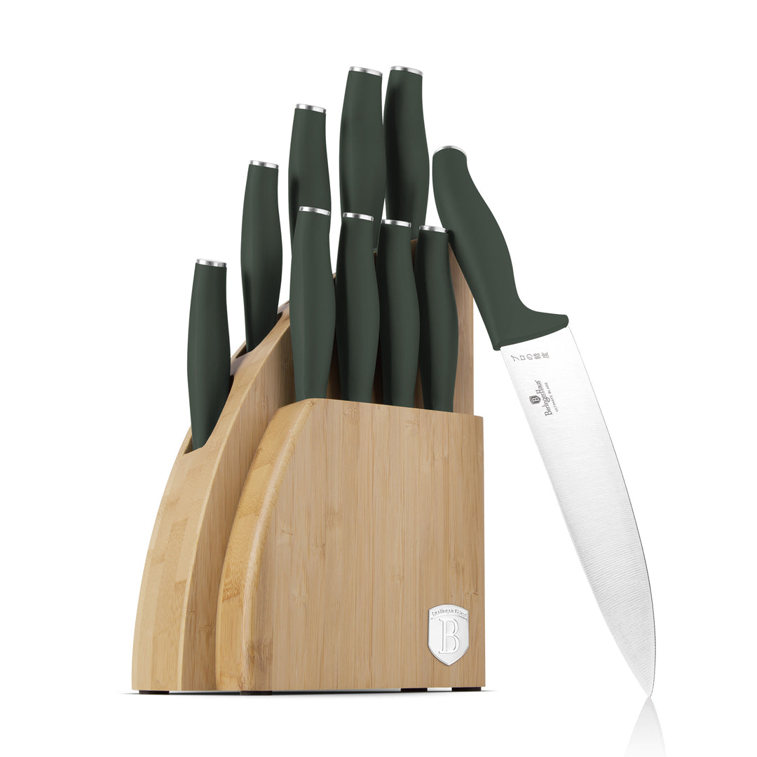 Berlinger Haus 10-Piece Stainless Steel Knife Set with Bamboo Stand – Matt Green