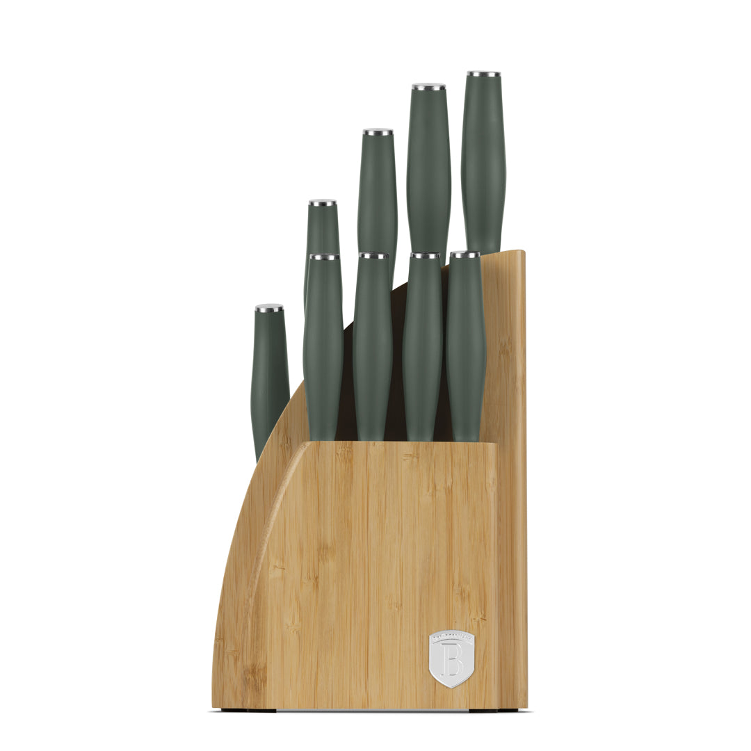 Berlinger Haus 10-Piece Stainless Steel Knife Set with Bamboo Stand – Matt Green