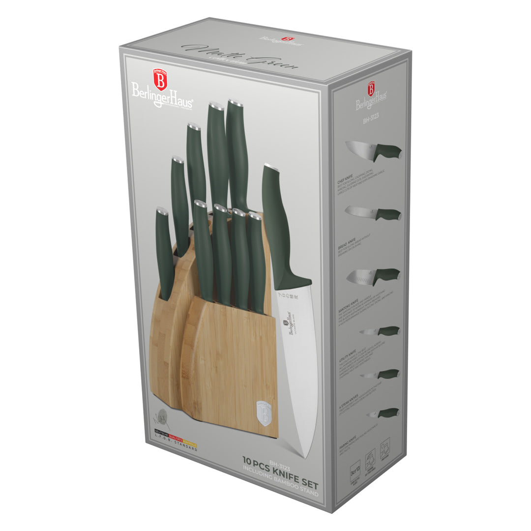 Berlinger Haus 10-Piece Stainless Steel Knife Set with Bamboo Stand – Matt Green