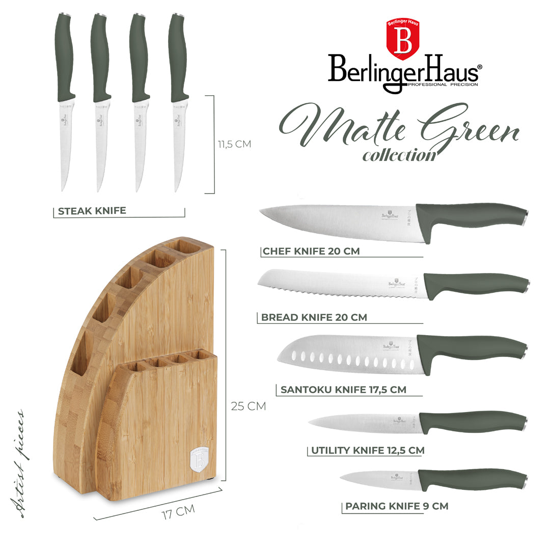 Berlinger Haus 10-Piece Stainless Steel Knife Set with Bamboo Stand – Matt Green