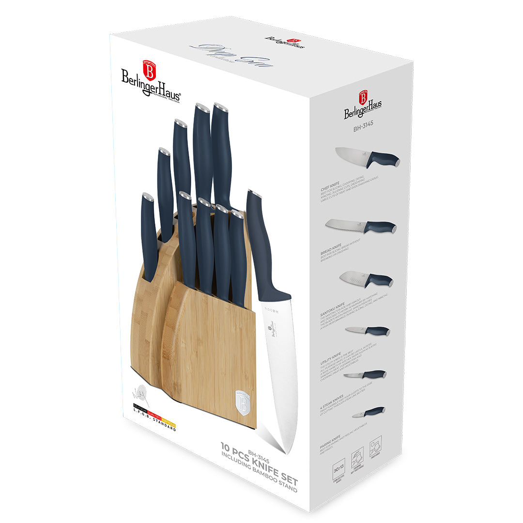 Berlinger Haus 10-Piece Stainless Steel Knife Set with Bamboo Stand-Deep Sea