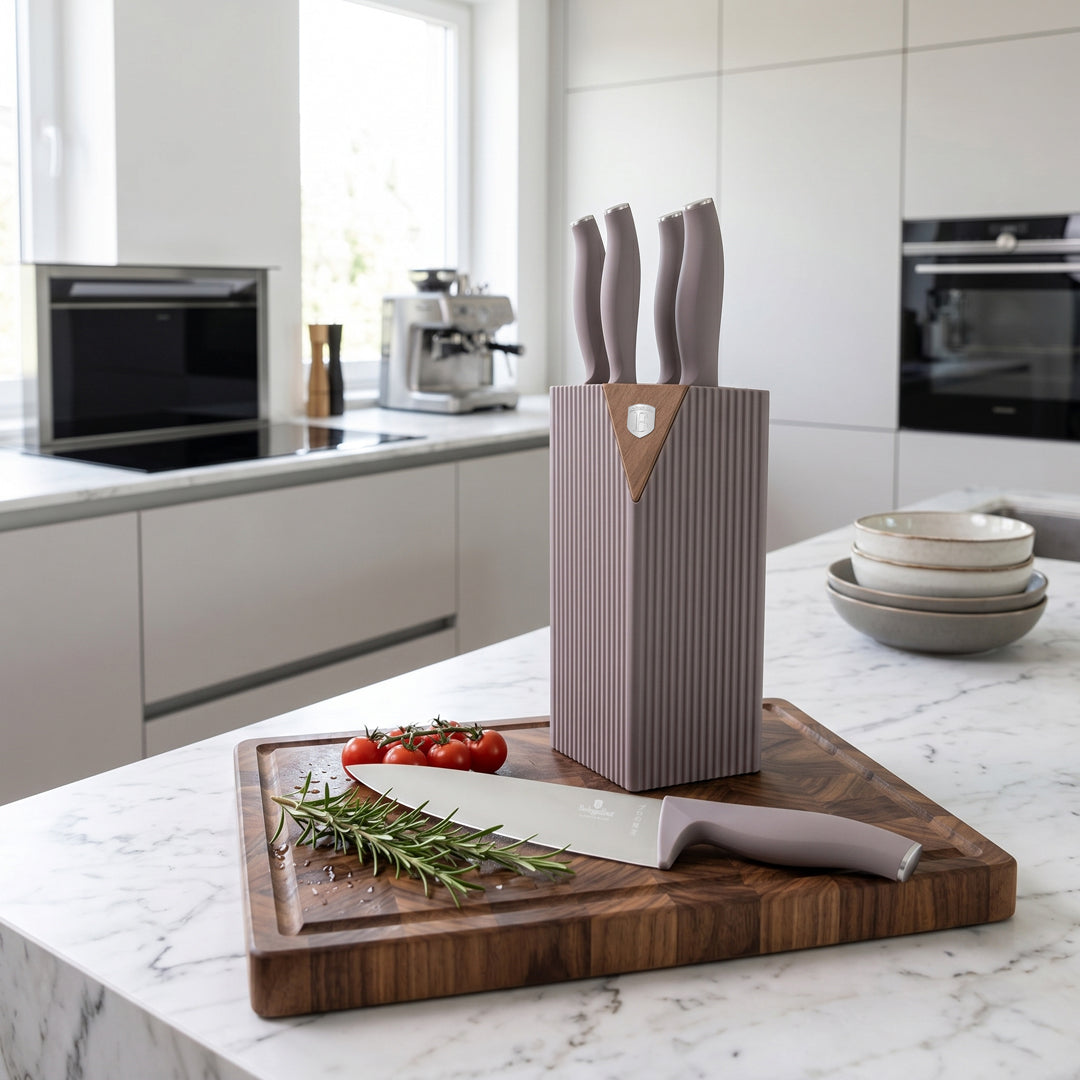 Berlinger Haus 6-Piece Stainless Steel Knife Set with Stand – Taupe