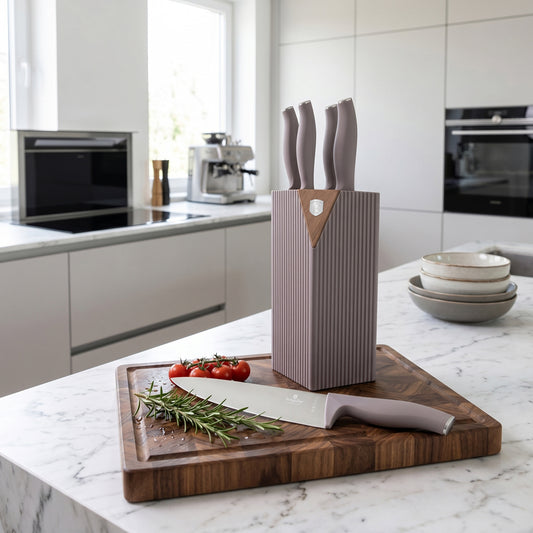 Berlinger Haus 6-Piece Stainless Steel Knife Set with Stand – Taupe