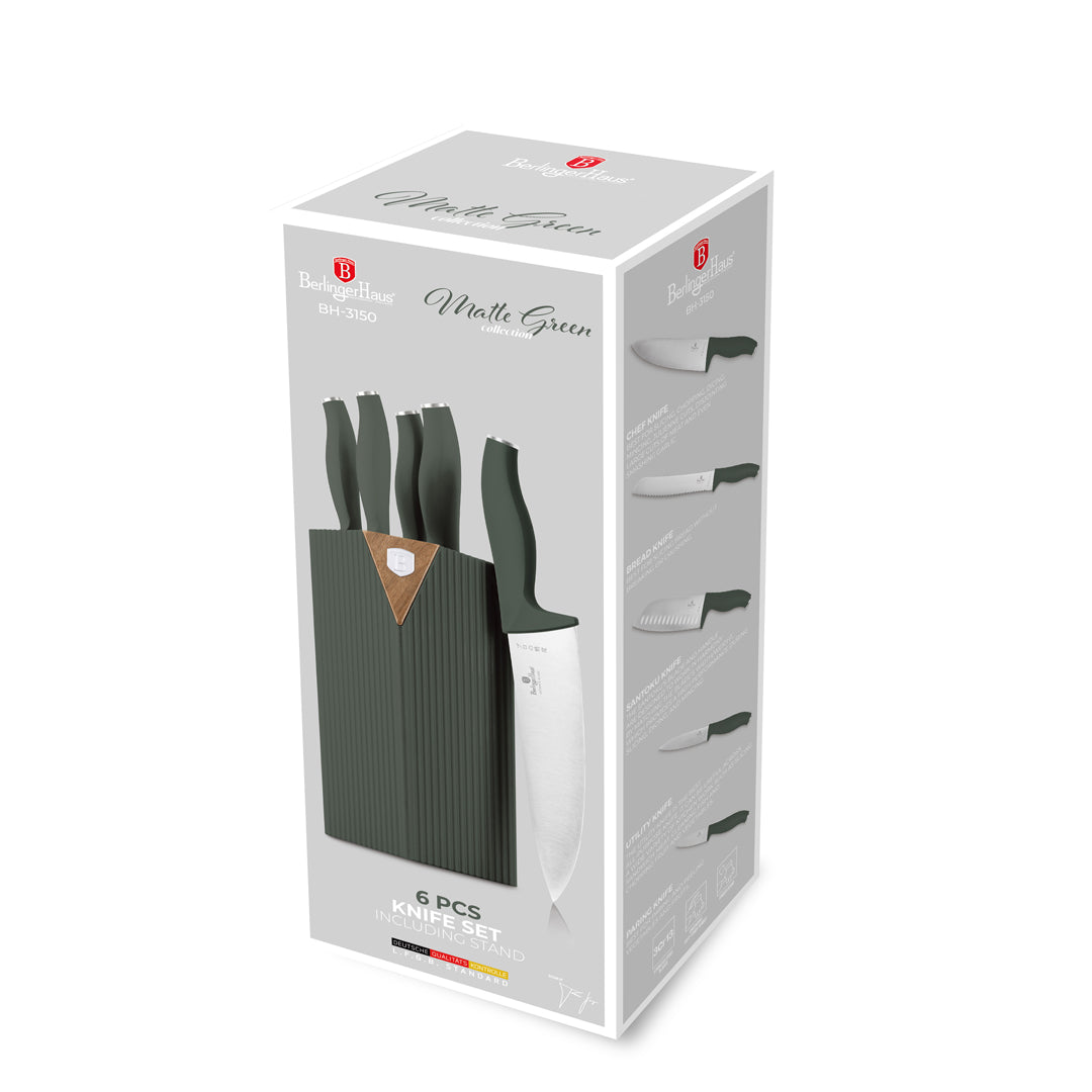 Berlinger Haus 6-Piece Stainless Steel Knife Set with Stand – Matte Green