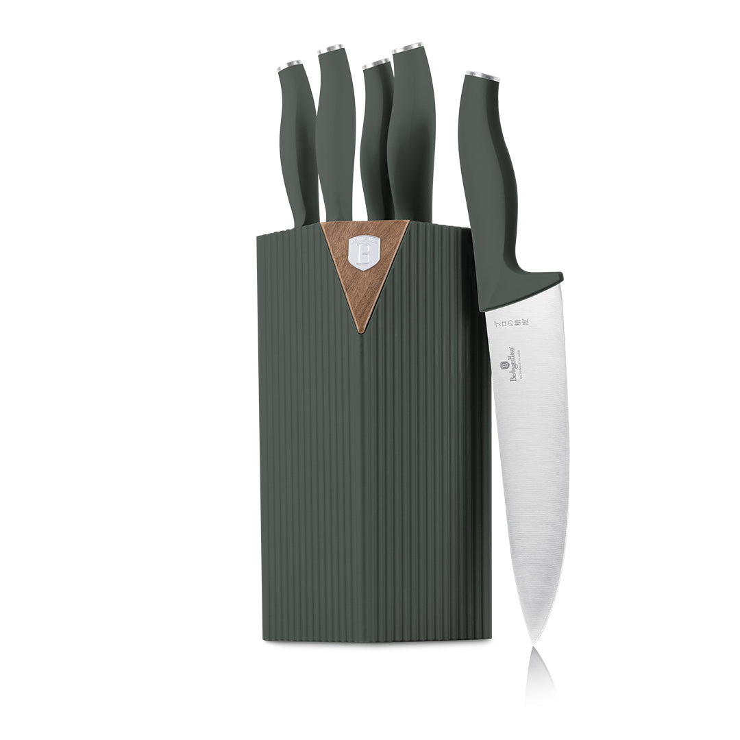 Berlinger Haus 6-Piece Stainless Steel Knife Set with Stand – Matte Green