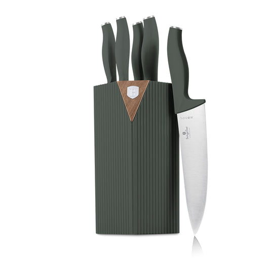 Berlinger Haus 6-Piece Stainless Steel Knife Set with Stand – Matte Green