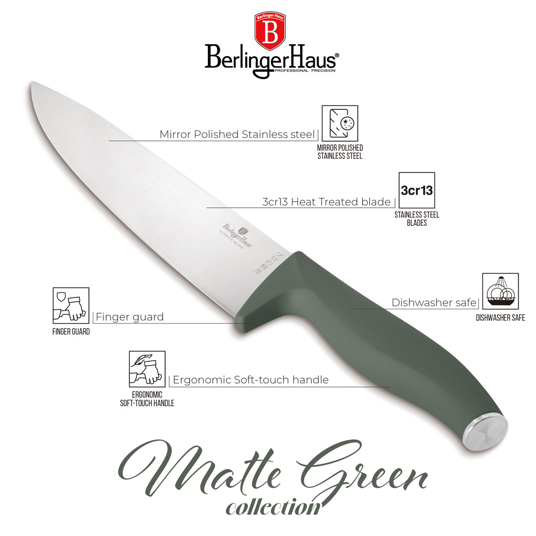 Berlinger Haus 6-Piece Stainless Steel Knife Set with Stand – Matte Green
