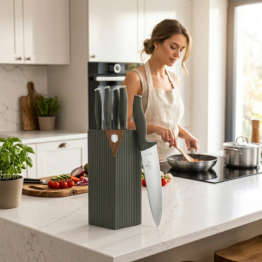 Berlinger Haus 6-Piece Stainless Steel Knife Set with Stand – Matte Green