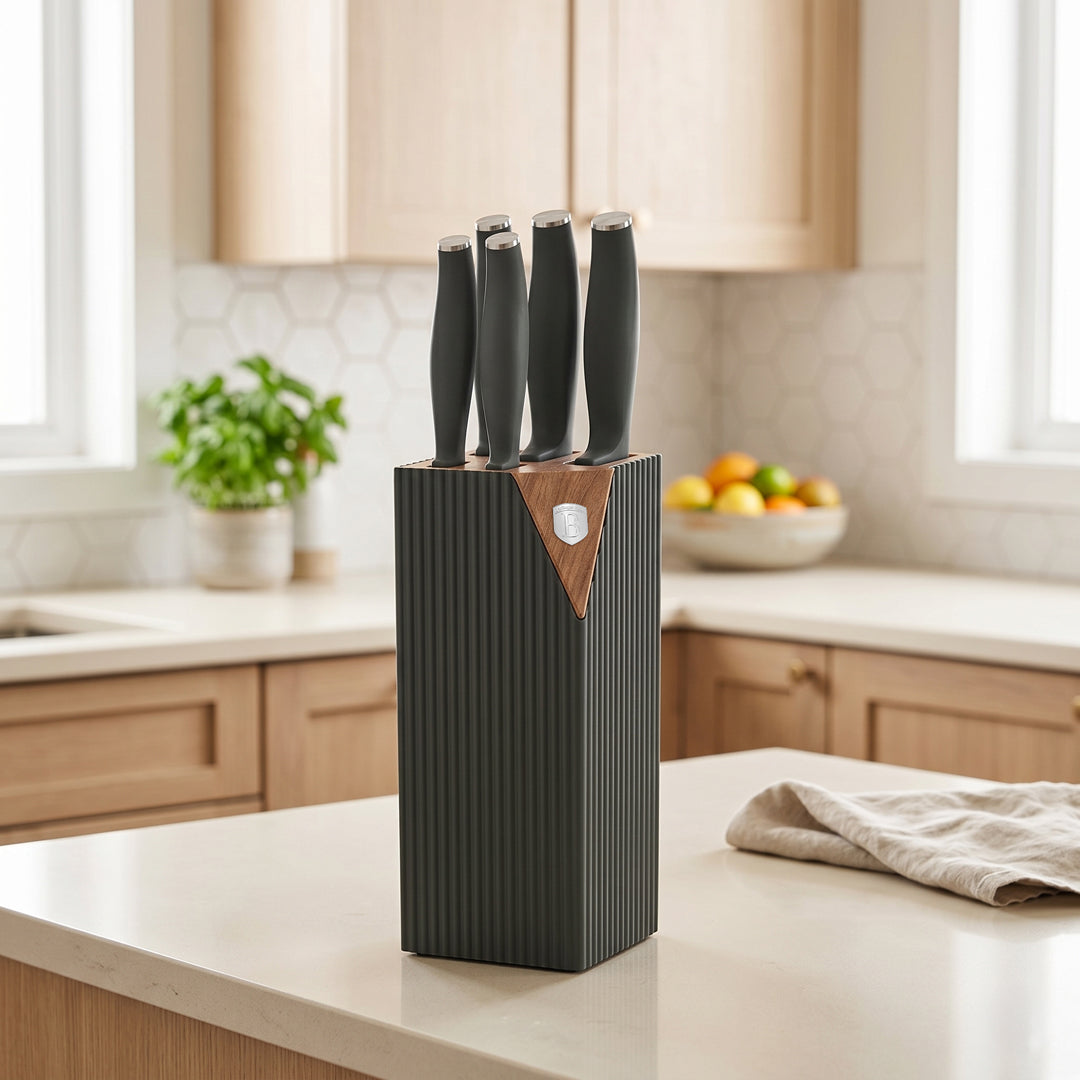 Berlinger Haus 6-Piece Stainless Steel Knife Set with Stand – Matte Green