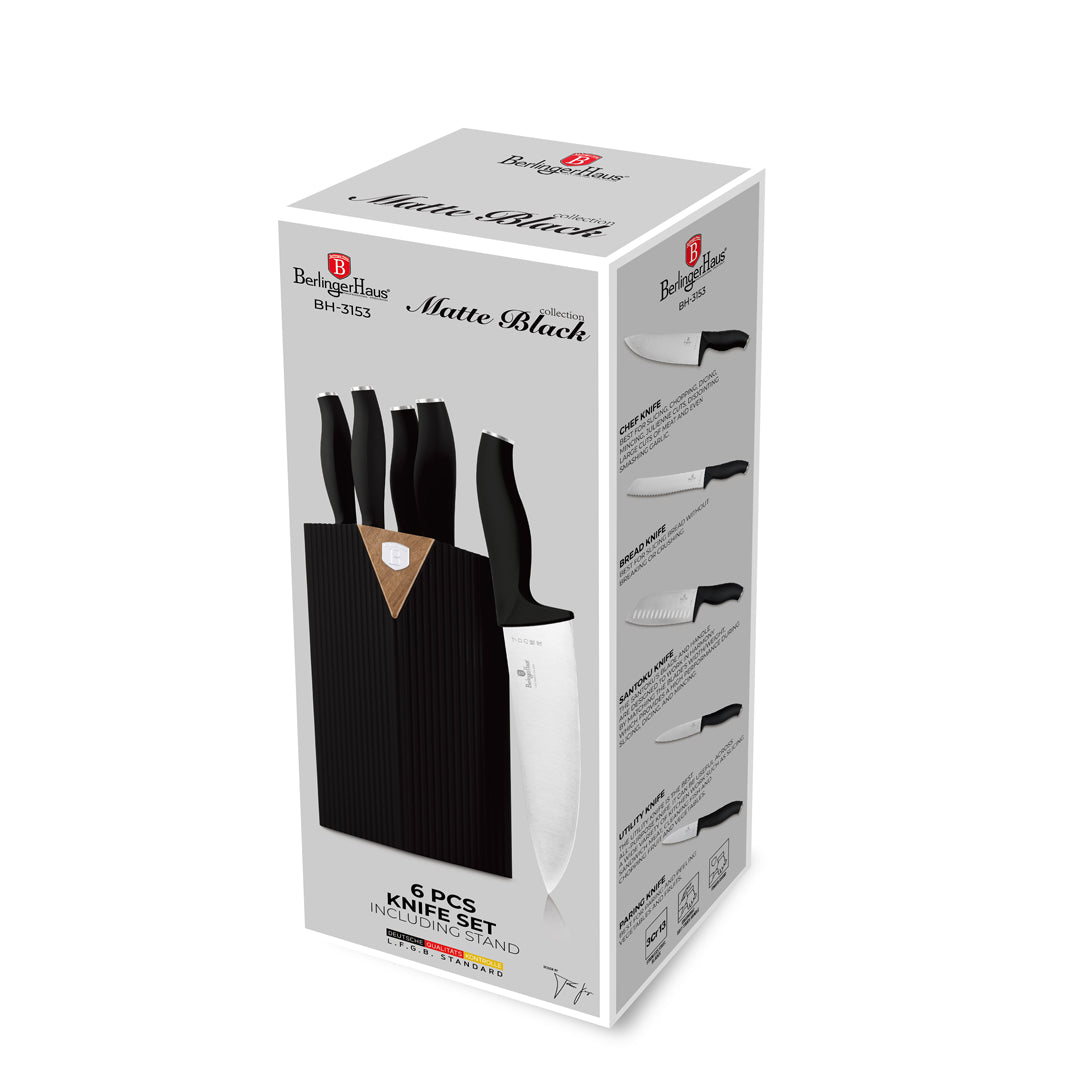 Berlinger Haus 6-Piece Stainless Steel Knife Set with Stand – Matt Black