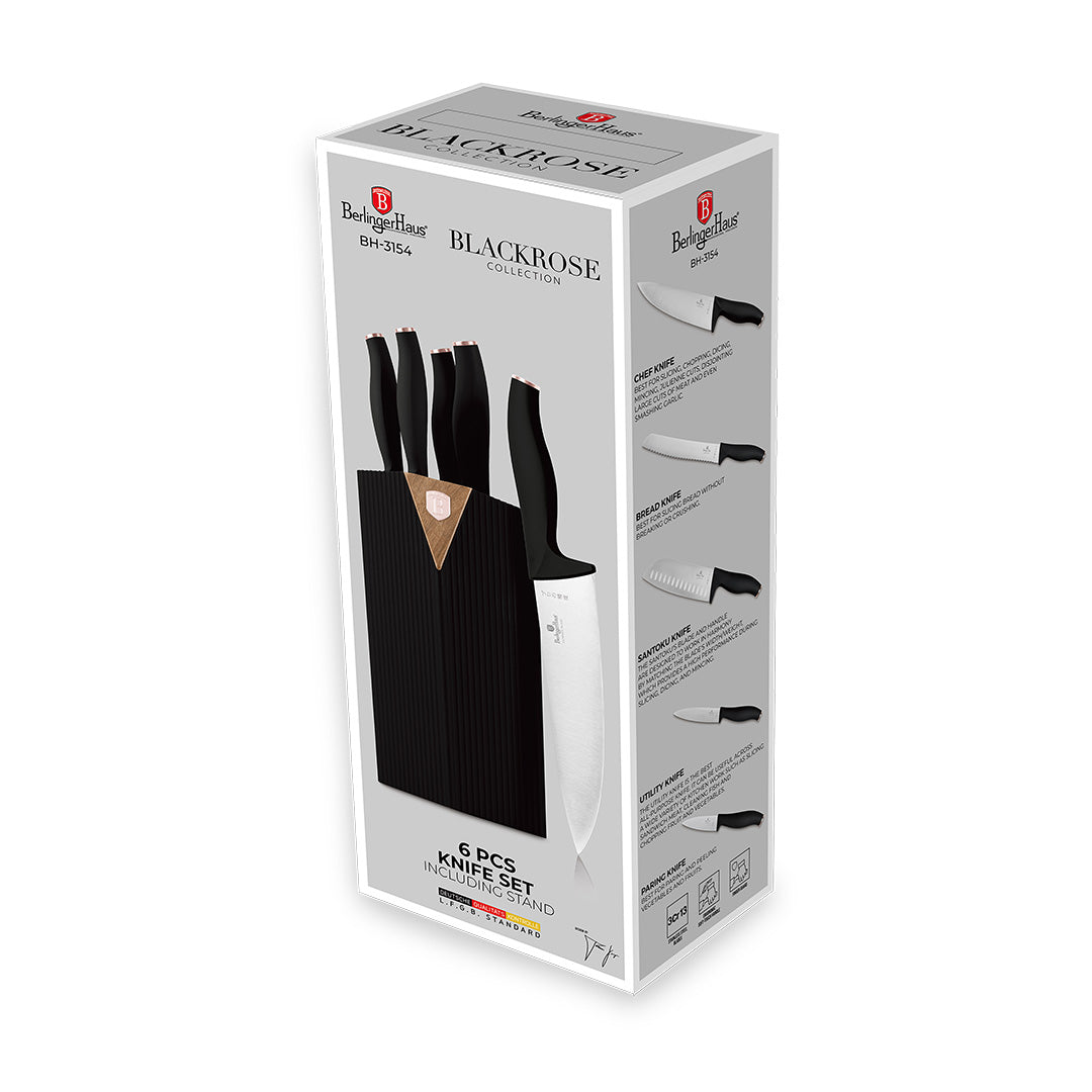 Berlinger Haus 6-Piece Stainless Steel Knife Set with Stand – Black Rose