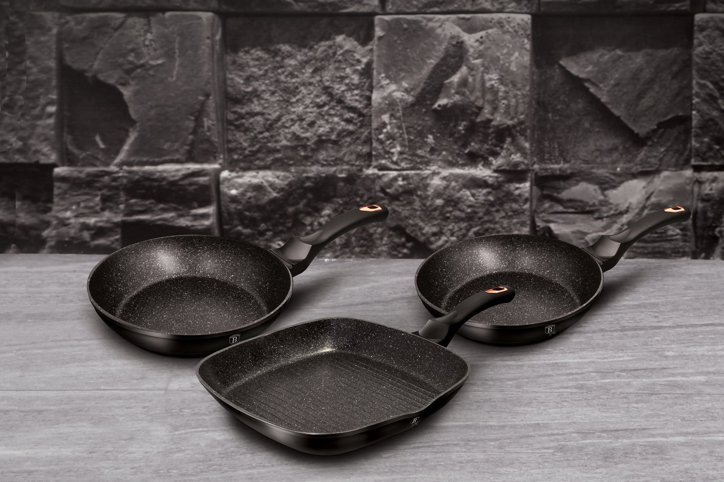 Berlinger Haus 3 Pieces Marble Coating Fry Pan Set - Black-Rose Collection