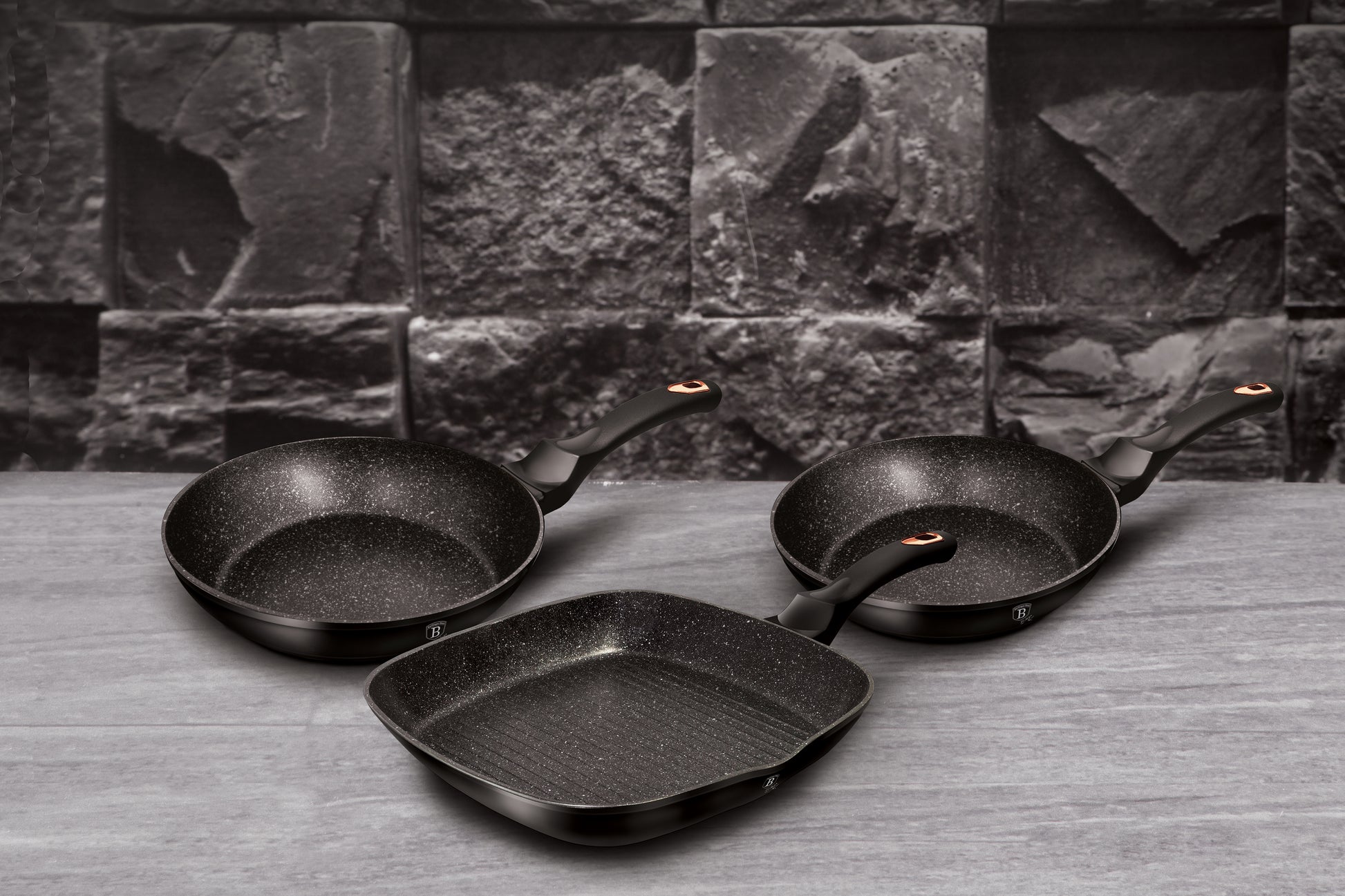 Berlinger Haus 3 Pieces Marble Coating Fry Pan Set - Black-Rose Collection