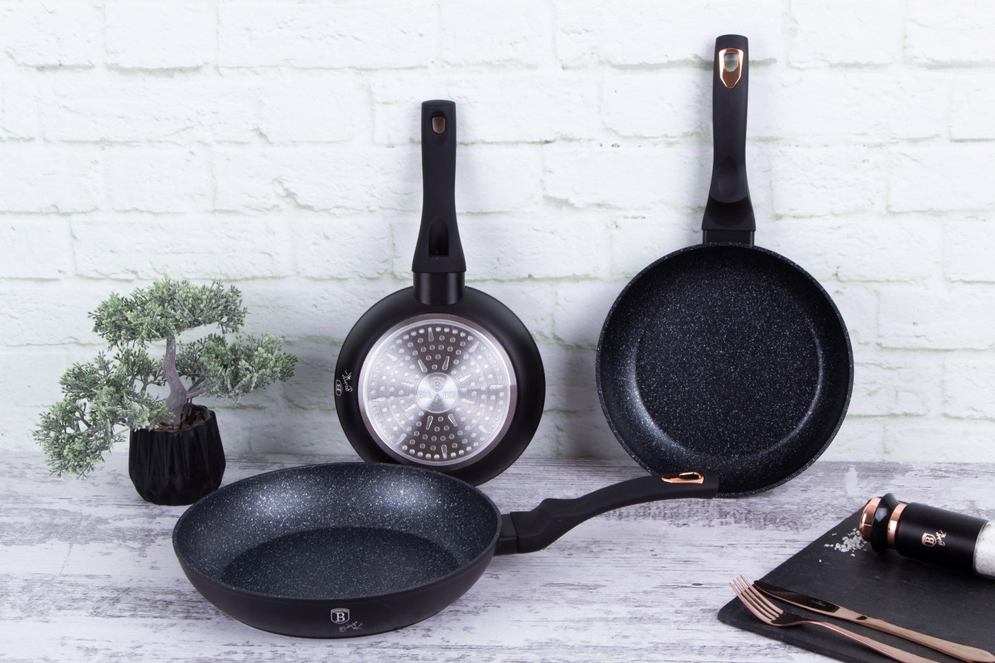 Berlinger Haus 3-Piece Marble Coating Frypan Set – Black Rose