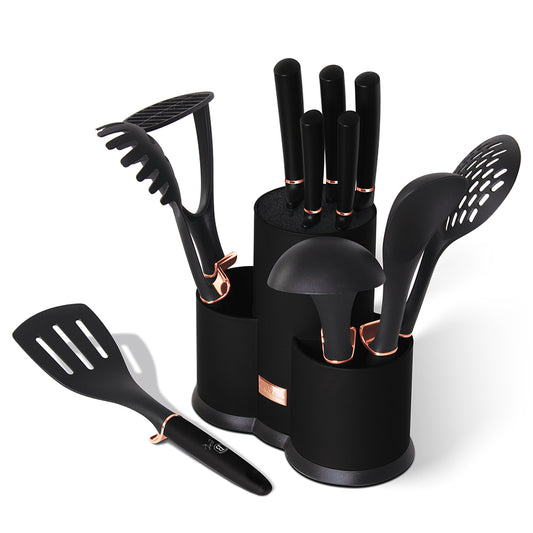 Berlinger Haus 12-Piece Knife and Non-Stick Tool Set with Stand – Black Rose