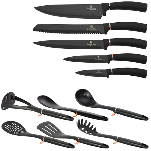 Berlinger Haus 12-Piece Knife and Non-Stick Tool Set with Stand – Black Rose